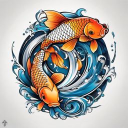 Pisces Koi Fish Tattoo,a powerful tattoo celebrating the Pisces zodiac with a koi fish, signifying duality and adaptability. , color tattoo design, white clean background