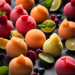 an array of colorful sorbets, each with a vibrant fruit flavor and refreshing, icy texture. 