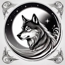 Wolf & Moon Tattoo,celestial partnership, wolf and the moon in a stunning tattoo. , tattoo design, white clean background