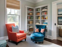 In the reading nook, Hampton interior design highlights a comfortable chair, bright colors, and coastal accents that create a perfect space for enjoying books and daydreaming.  