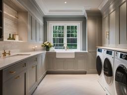 Georgian laundry room showcases classic fixtures, elegant finishes, and soft lighting that provide a cozy yet sophisticated environment for laundry tasks.  