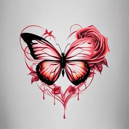 butterfly heart rose tattoo  simple color tattoo, minimal, white background