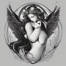 Black and Grey Guardian Angel Tattoos - Opt for a classic and sophisticated grayscale guardian angel.  minimalist color tattoo, vector