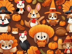 Thanksgiving Wallpaper-A playful Thanksgiving design, featuring cute animal characters dressed in Thanksgiving costumes.  aesthetic background wallpaper