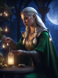 mysterious elven mage crafting an enchanted potion under a shimmering moonlight 8k, hyper realistic, cinematic 
