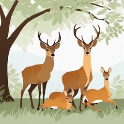 Deer clipart - deer family resting under a tree  color,minimalist,vector clipart