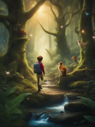 adventurous explorer traversing a dense, enchanted forest filled with magical creatures. 