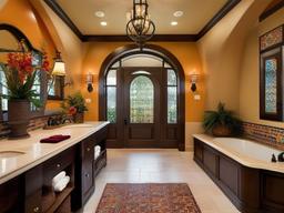 Mediterranean bathroom features colorful tiles, arched doorways, and decorative accents that create a bright and inviting atmosphere.  