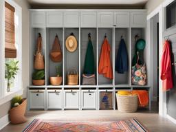 A mudroom designed with maximalist interior design includes a mix of colorful storage solutions, fun decor, and lively accents that make coming and going a joyful experience.  