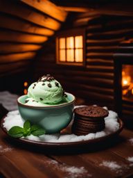 mint chocolate chip ice cream served in a cozy log cabin during a snowy winter night. 