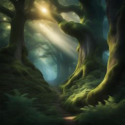 enchanted forest, a mystical realm with ancient trees, magical creatures, and ethereal light. 