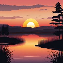 Sunset over Lake clipart - A stunning sunset over a tranquil lake., ,vector color clipart,minimal