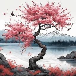 Cherry tree next to a lake with mountains and falling leaves  ,tattoo design, white background