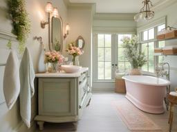 French Country bathroom highlights soft pastels, vintage-inspired fixtures, and floral accents, creating a charming and inviting atmosphere.  