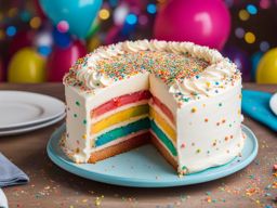 funfetti cake with rainbow sprinkles, enjoyed at a colorful children's birthday party. 