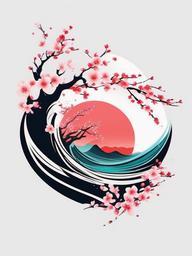 cherry blossom wave tattoo  simple color tattoo,white background,minimal