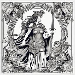 Ancient Greek Athena with owl & sword & medusa shield  ,tattoo design, white background