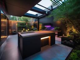 In the garden, cyberpunk interior design highlights modern landscaping, colorful decor, and innovative features that create a dynamic outdoor retreat.  