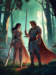 Warrior princess and valiant prince, wielding gleaming swords, standing valiantly in a mystical forest, defending their realm from dark forces, as a matching pfp for couples. wide shot, cool anime color style