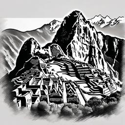 drawing of machu picchu  minimal rough scribbles,doodles,black and white