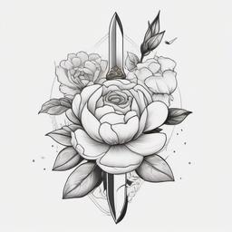 A dagger pointing downward with a peony, rose, and orchid around it with a  single female eye above the handle in a minimal black and white style. The blad of the dagger is visible. The flowers are simple and minimal and do not cover the blade of the dagger.  ,tattoo design, white background