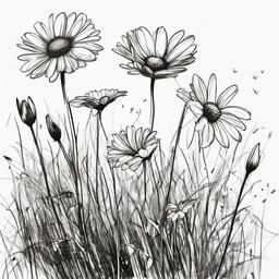 drawing of daisies in a garden  minimal rough sketch scribbles,doodles,black and white