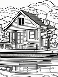 House Coloring Pages - Houseboat floating on a serene lake  simple coloring pages