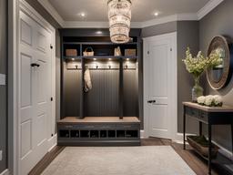 Parisian mudroom captures elegance with chic furniture, stylish accents, and soft lighting that enhances the overall entry experience.  