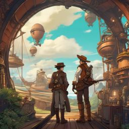 Adventurous steampunk explorer and inventive explorer companion, in a mechanical world, embarking on airship expeditions to uncharted territories, as a matching pfp for friends. wide shot, cool anime color style