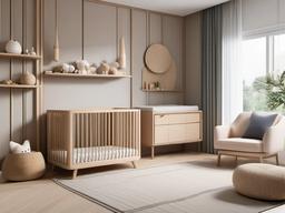 The nursery features Japandi interior design with soft colors, natural wood elements, and functional furniture that create a cozy and peaceful space for the baby.  