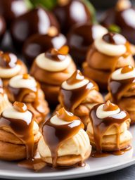 platter of bite-sized profiteroles, each filled with a delicate pastry cream and drizzled with caramel. 