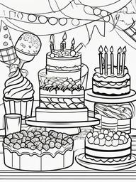 Birthday Party Table with Food Coloring Pages - Table Filled with Party Snacks  minimal black outline printable sheet, coloring page