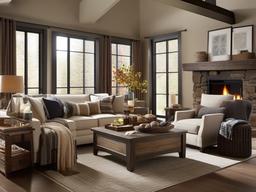 Modern Rustic living room combines comfortable furniture with rustic wood accents, warm textiles, and a welcoming ambiance for family relaxation.  