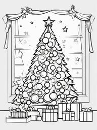 Santa and Christmas Tree Coloring Pages - Decorating a Festive Christmas Tree  minimal black outline printable sheet, coloring page