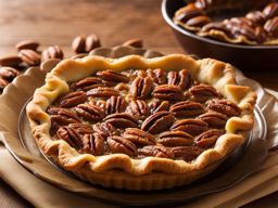 a slice of classic pecan pie, featuring a sweet and nutty filling in a buttery pastry shell. 