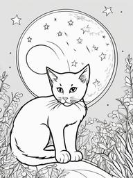 Kitty and Moon Coloring Pages - Dreamy Kitten Under the Moonlight  minimal black outline printable sheet, coloring page