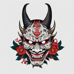 Hannya Mask Irezumi - A traditional Japanese tattoo featuring the iconic Hannya mask, adhering to the aesthetic principles of Irezumi.  simple color tattoo,white background,minimal