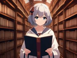Resilient anime scholar in a dusty library.  front facing ,centered portrait shot, cute anime color style, pfp, full face visible