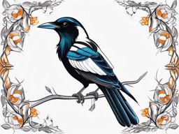 Magpie Tattoo - Magpie collecting shiny trinkets for its nest  few color tattoo design, simple line art, design clean white background