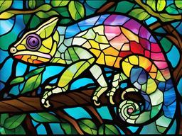 Stained Glass Chameleon - Colorful chameleon blending into leaves  