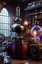 steampunk laboratory equipped with tesla coils and mechanical wonders. 