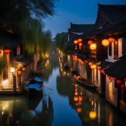 zhouzhuang water town - create a night scene of zhouzhuang, the venice of the east, with its picturesque canals, ancient bridges, and traditional houses glowing with lantern light. 