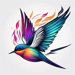 Swallow tattoo with vibrant, aurora-colored feathers in flight.  color tattoo style, minimalist design, white background