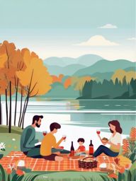 Lakeside Picnic clipart - A family enjoying a picnic by the lake's edge., ,vector color clipart,minimal