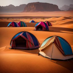 bedouin desert tents, with colorful textiles, dot the dunes of wadi rum, jordan. 