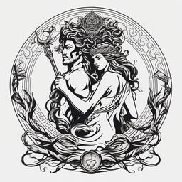 Medusa and Poseidon Tattoo - Explore the mythology with a Medusa and Poseidon tattoo, featuring the intricate relationship between these mythical figures.  simple vector color tattoo,minimal,white background