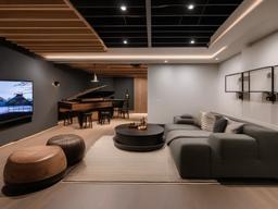 The basement highlights Japandi interior design with a minimalist layout, functional furnishings, and a serene atmosphere that creates a stylish space for entertainment and relaxation.  