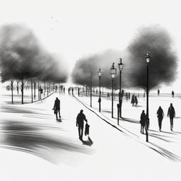 drawing of people walking in the park  minimal rough sketch scribbles,doodles,black and white