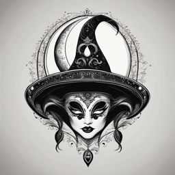 Jester hat with moon design: Mysterious and whimsical, a celestial touch.  black and white tattoo style