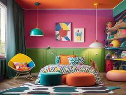 In the kids' room, psychedelic interior design showcases bright colors, eclectic patterns, and playful decor that inspire creativity and imaginative play.  